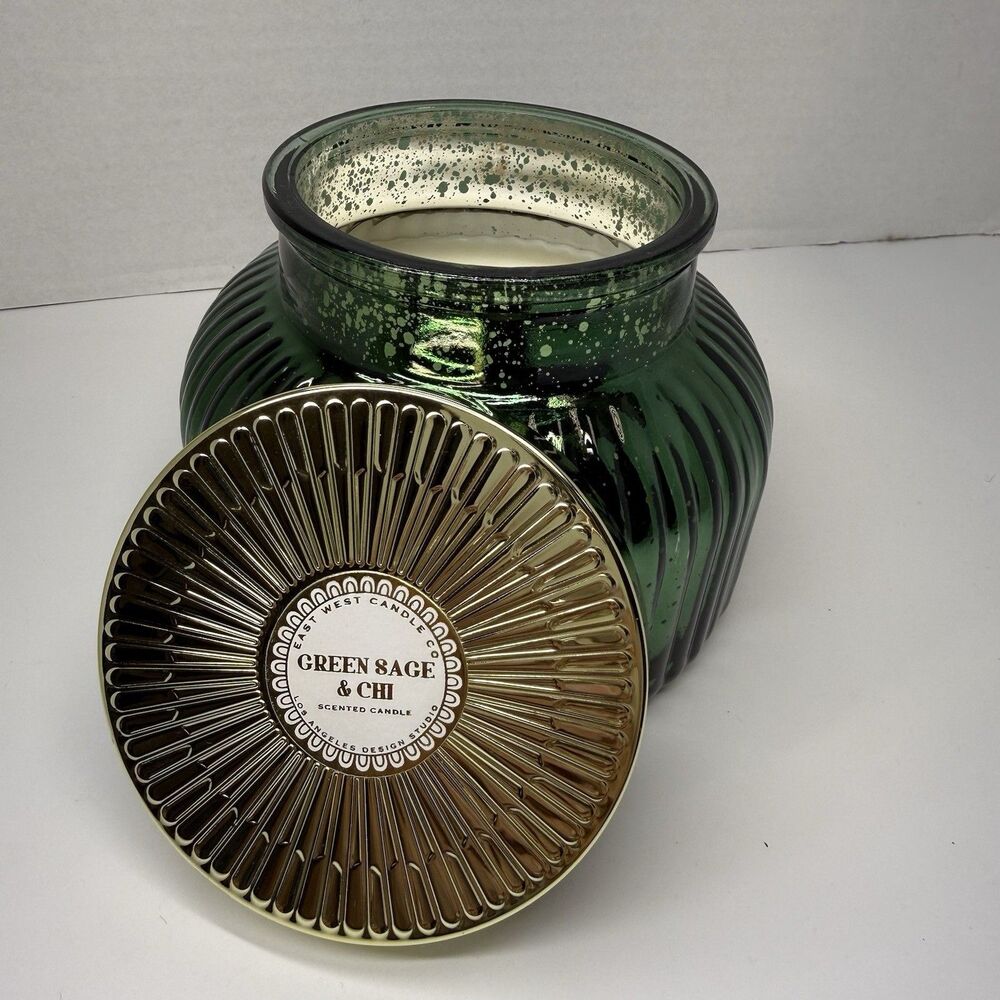 East West Candle Co Green Sage & Chi Large Candle 15.6 Oz Decorative Glass New